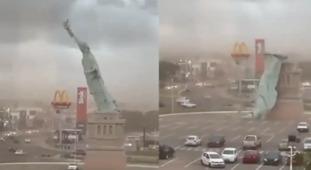did the statue of liberty fell,Shocking viral video shows the iconic landmark collapsing in a storm, brazil replica
